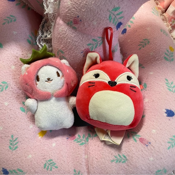 Squishmallows Accessories - Bag Charm Bundle - 4” Fifi the Red Fox Squishmallow + Strawberry Cat Plush